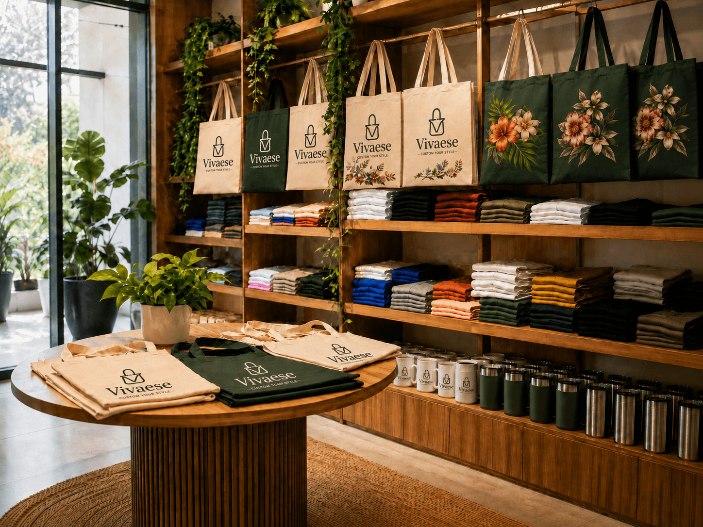 Vivaese-branded bags, garments and drinkware displayed in a product showroom
