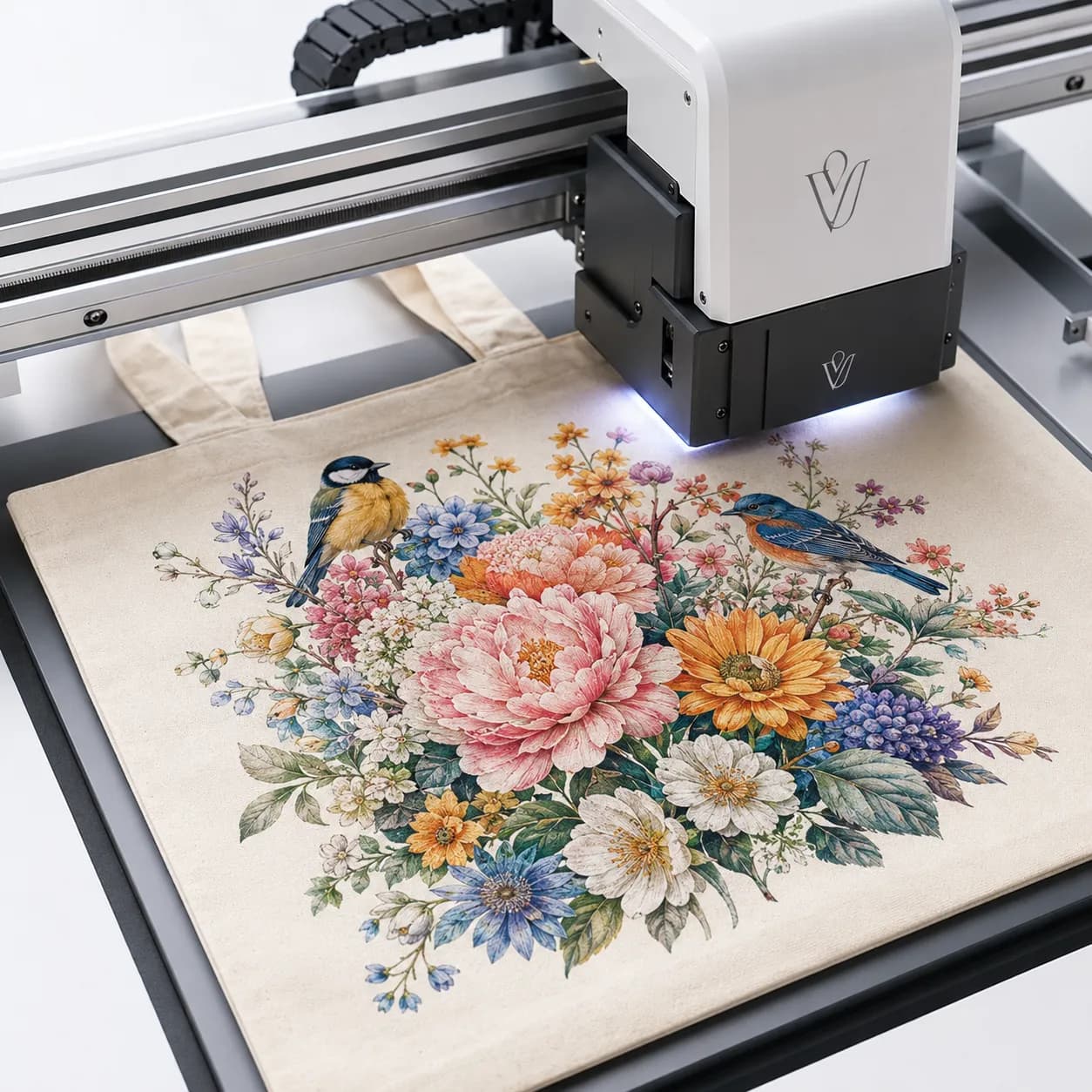 Digital printing equipment applying full-colour floral artwork to a natural tote bag
