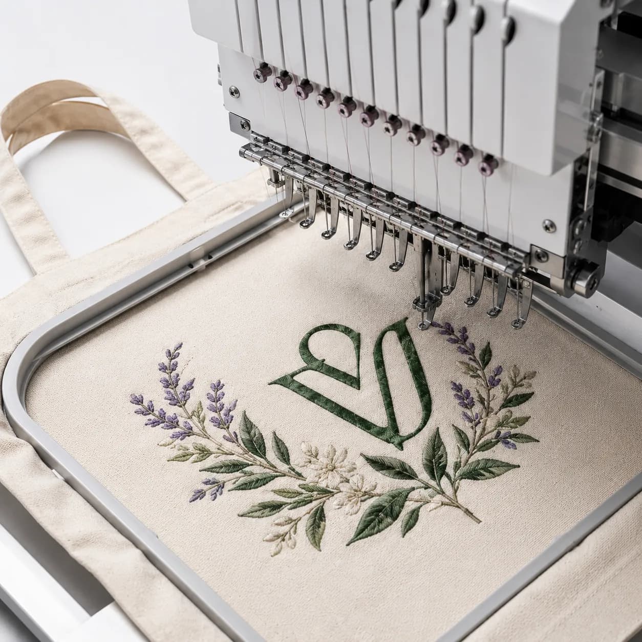 Embroidery machine stitching a logo and botanical artwork onto a natural tote bag