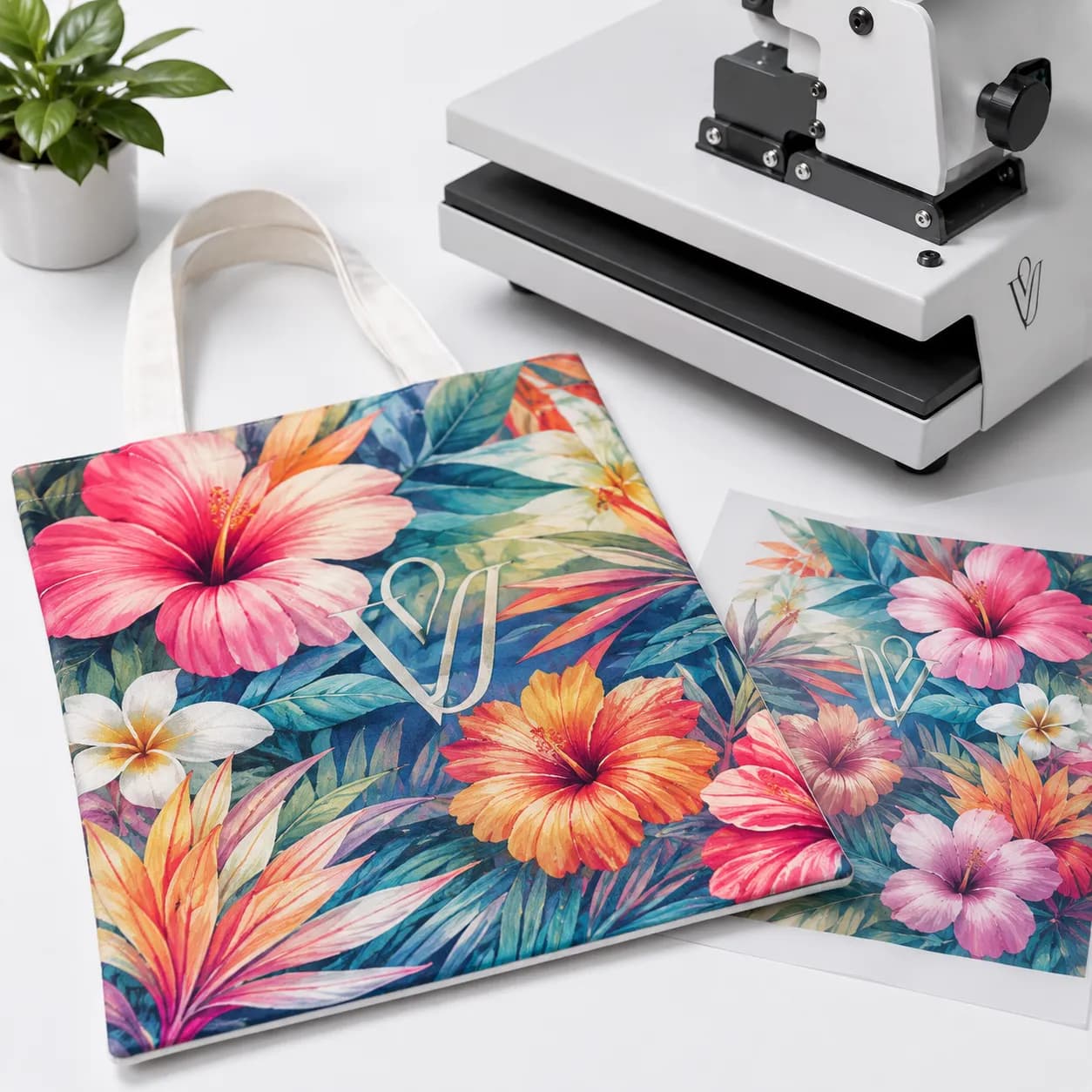Heat press and printed transfer sheets used for a full-colour sublimation example