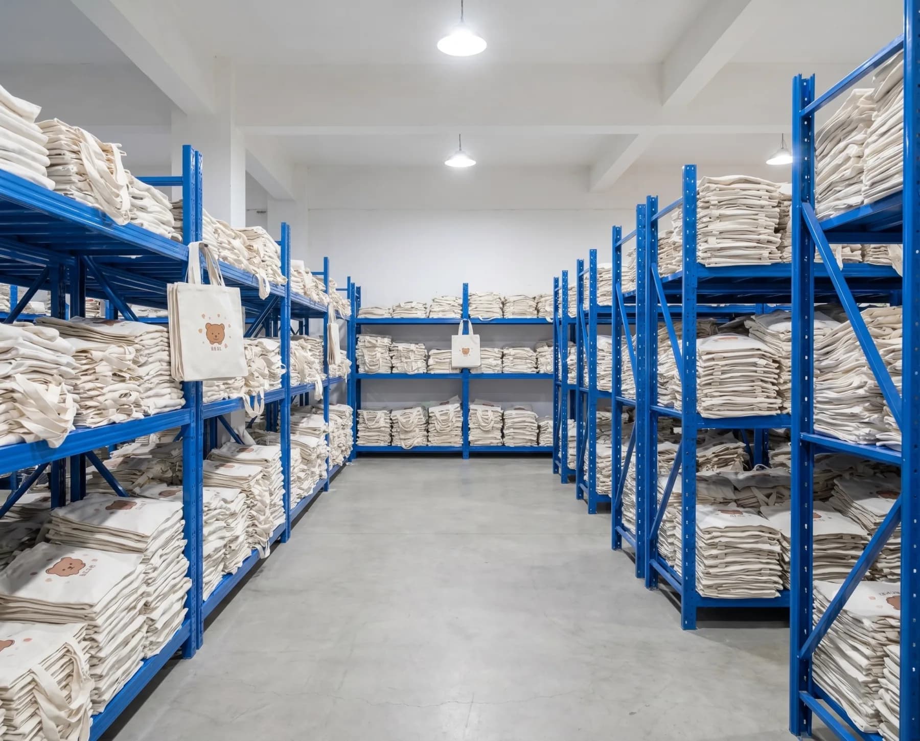 Finished printed tote bags organised on storage racks at a manufacturing partner facility