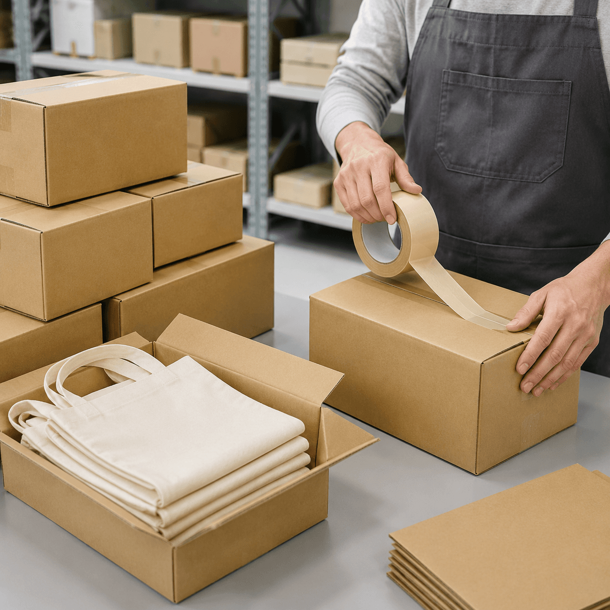 Natural canvas tote bags being packed into cartons for shipment