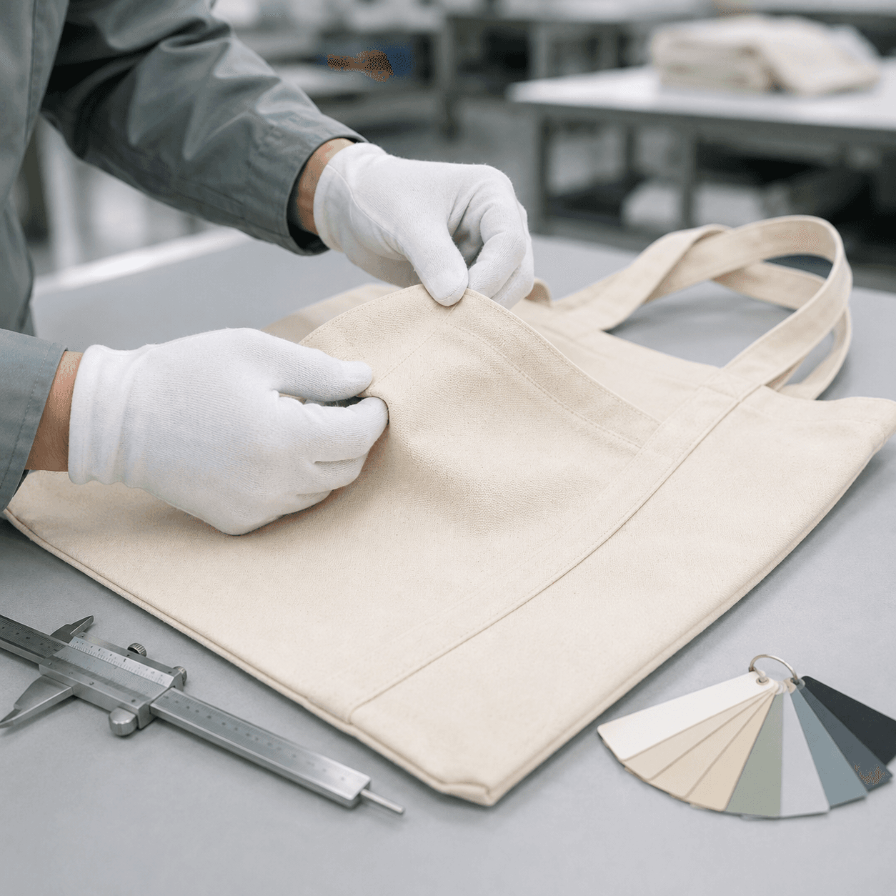A natural canvas tote bag being inspected for material and construction details