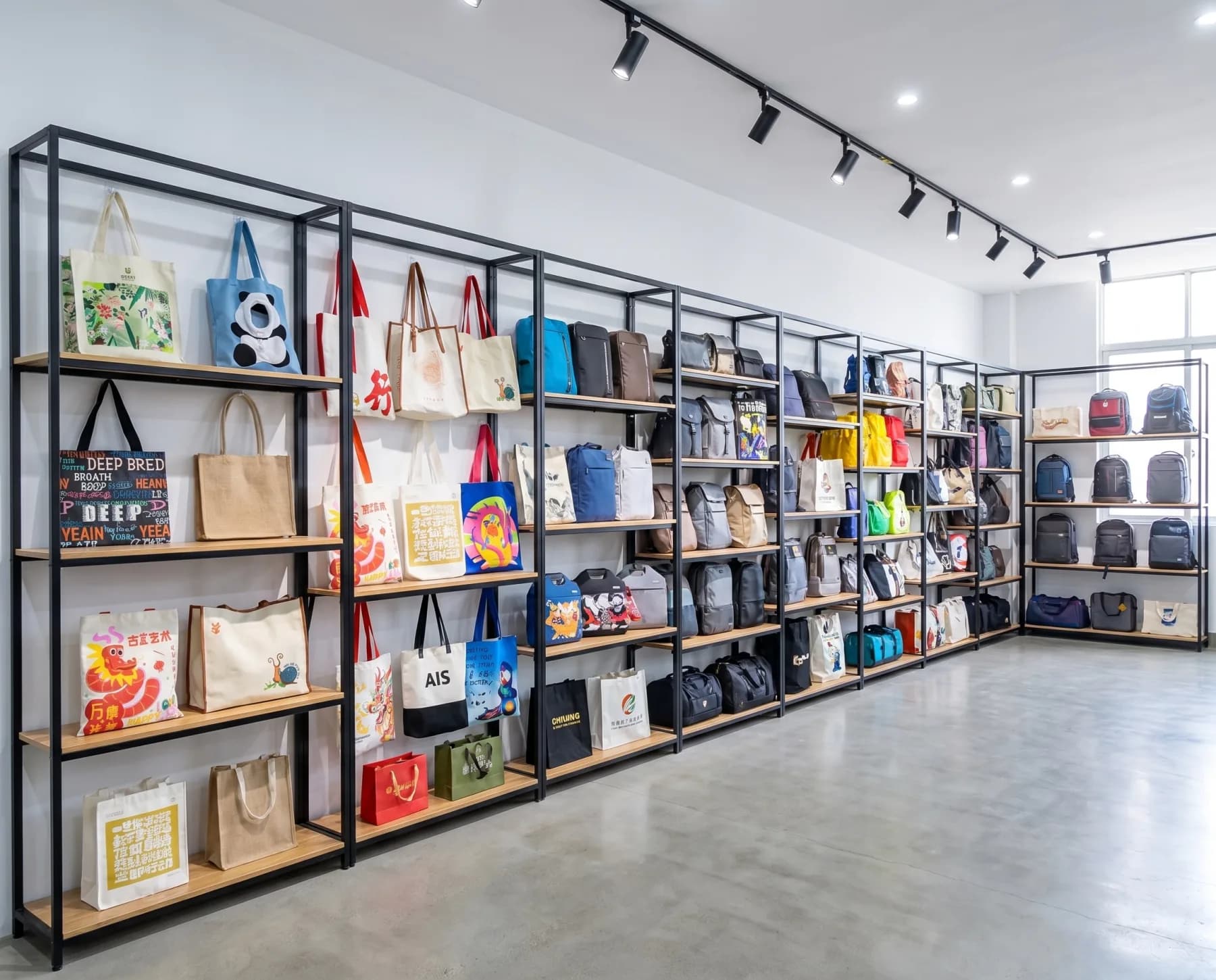 A manufacturing partner sample room displaying different bag styles and printed finishes