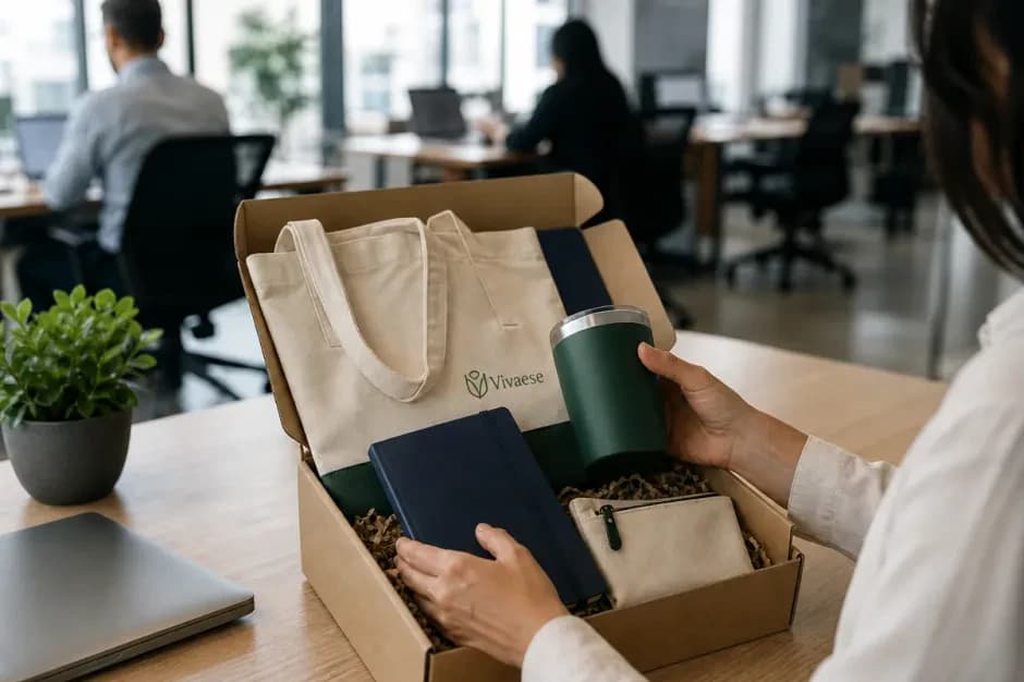 An employee opening a welcome pack containing a tote bag, notebook and reusable cup