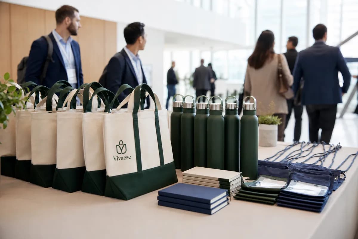 Canvas tote bags, reusable bottles and notebooks arranged for conference attendees