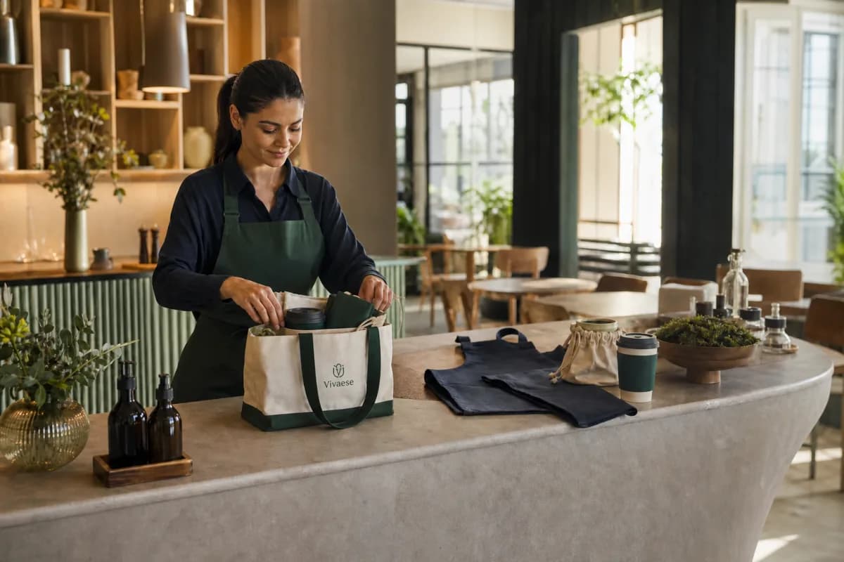 Hospitality staff preparing reusable guest items at a café counter