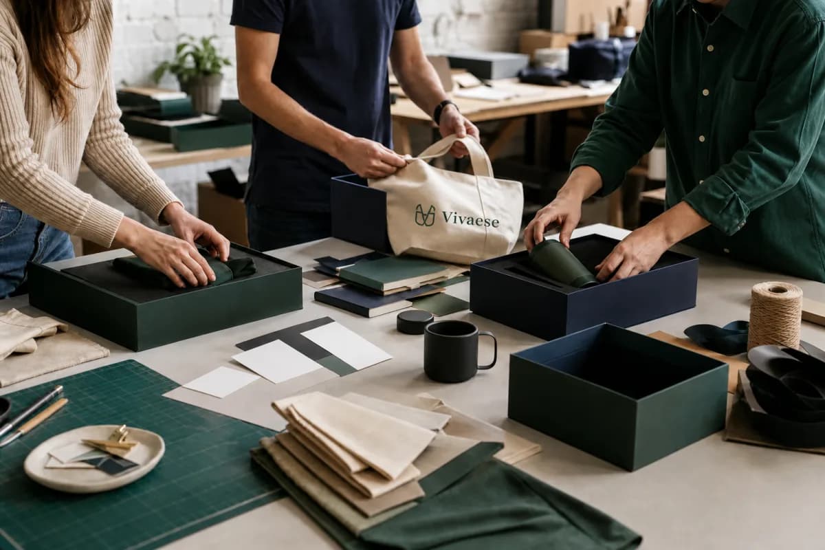 A creative team assembling product launch kits with presentation boxes and fabric bags