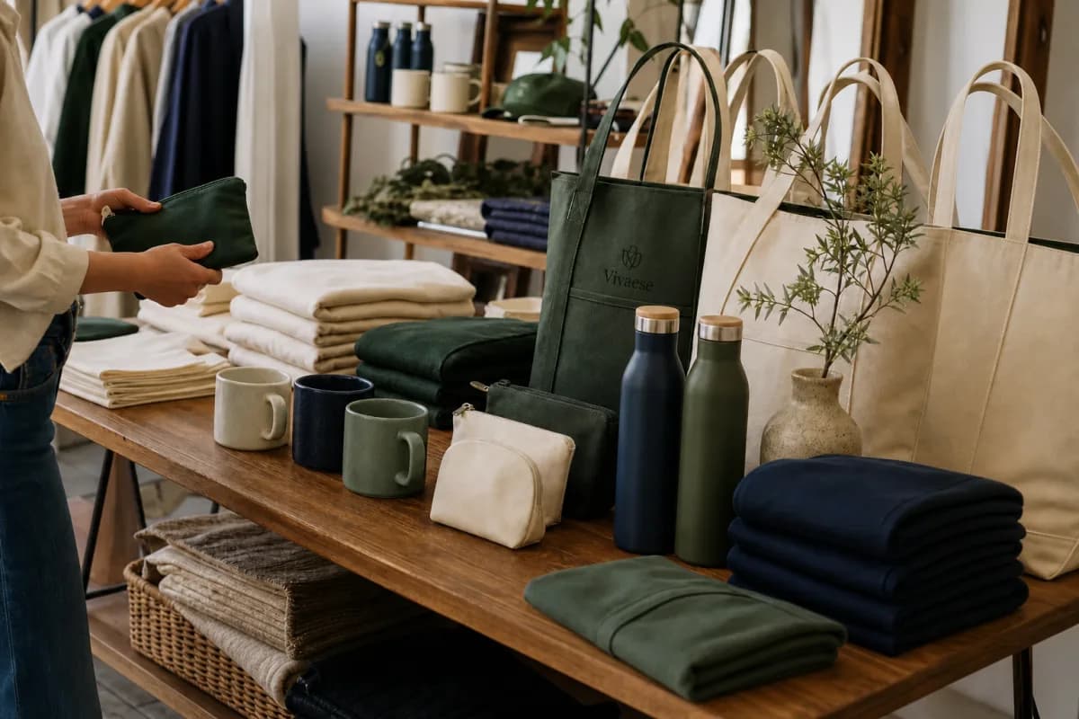 Coordinated tote bags, drinkware and fabric accessories displayed in a retail shop