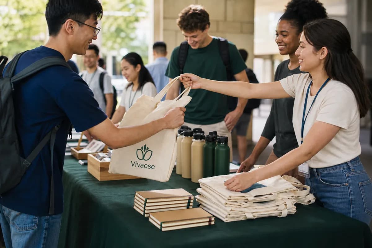 A welcome table distributing tote bags and reusable bottles to a community group