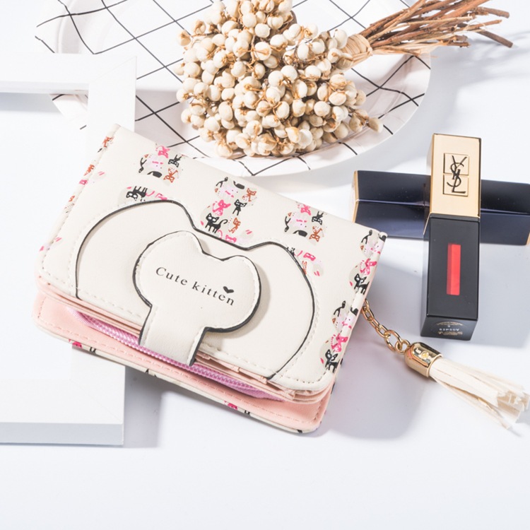2020101401423742999 Women Fashion Cat Head Zipper Tassel Wallet - Image 1