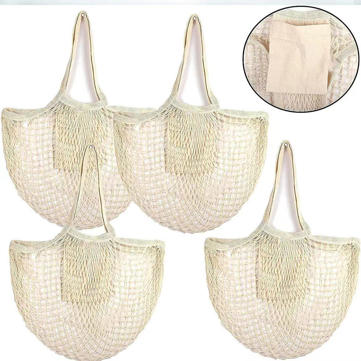 2024121801083577759 Wholesale Fashion Solid Color Cotton Knitted Shopping Net Bag Beach Bag - Image 1