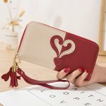 Wholesale Women Fashion Color Block Heart Stitching Tassel Zipper Long Purses - Image 6