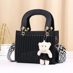 Women Fashion Casual Solid Color Rhombic Pattern Bear Pendat Handbag