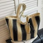 Women Fashion Stripe Straw Woven Beach Tote Bag - Image 4