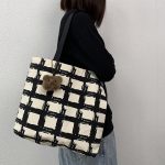 Women Fashionable Large Capacity Check Bear Pendant Canvas Tote Bag - Image 5