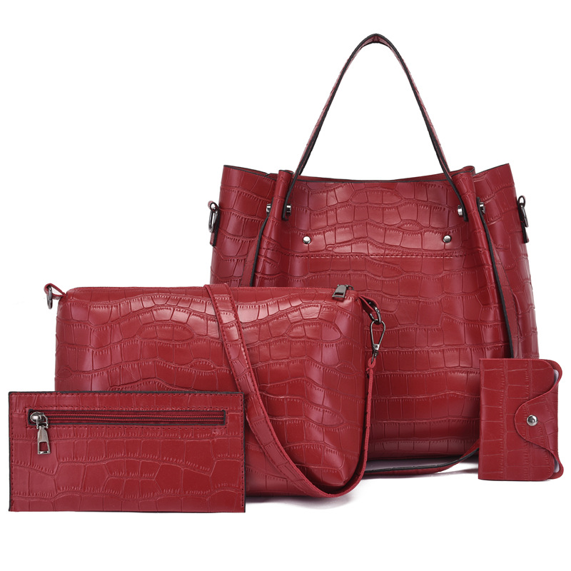 color_0-36 Wholesale Women Fashion Casual Solid Color Large Capacity Crocodile Pattern Handbag Four-Piece Bag Set - Image 1