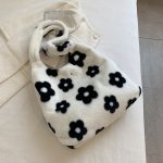 Wholesale Women Fashion Cute Black White Floral Plush Shoulder Bag - Image 5