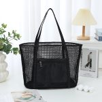 Women Fashion Solid Color Travel Portable Mesh Beach Tote Bag - Image 5