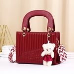 Women Fashion Casual Solid Color Rhombic Pattern Bear Pendat Handbag - Image 2