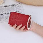 Women Fashion Solid Color Litchi Pattern Short Pearl Chain Multi-Card Coin Wallet - Image 7