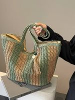 Women Fashion Stripe Straw Woven Beach Tote Bag - Image 5