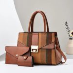 Wholesale Women Fashion Casual Color Block Stripe Handbag Three-Piece Set - Image 4