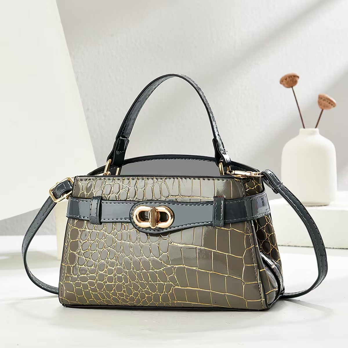 color_1-37 Wholesale Women Fashion Casual Stone Grain Handbag - Image 1