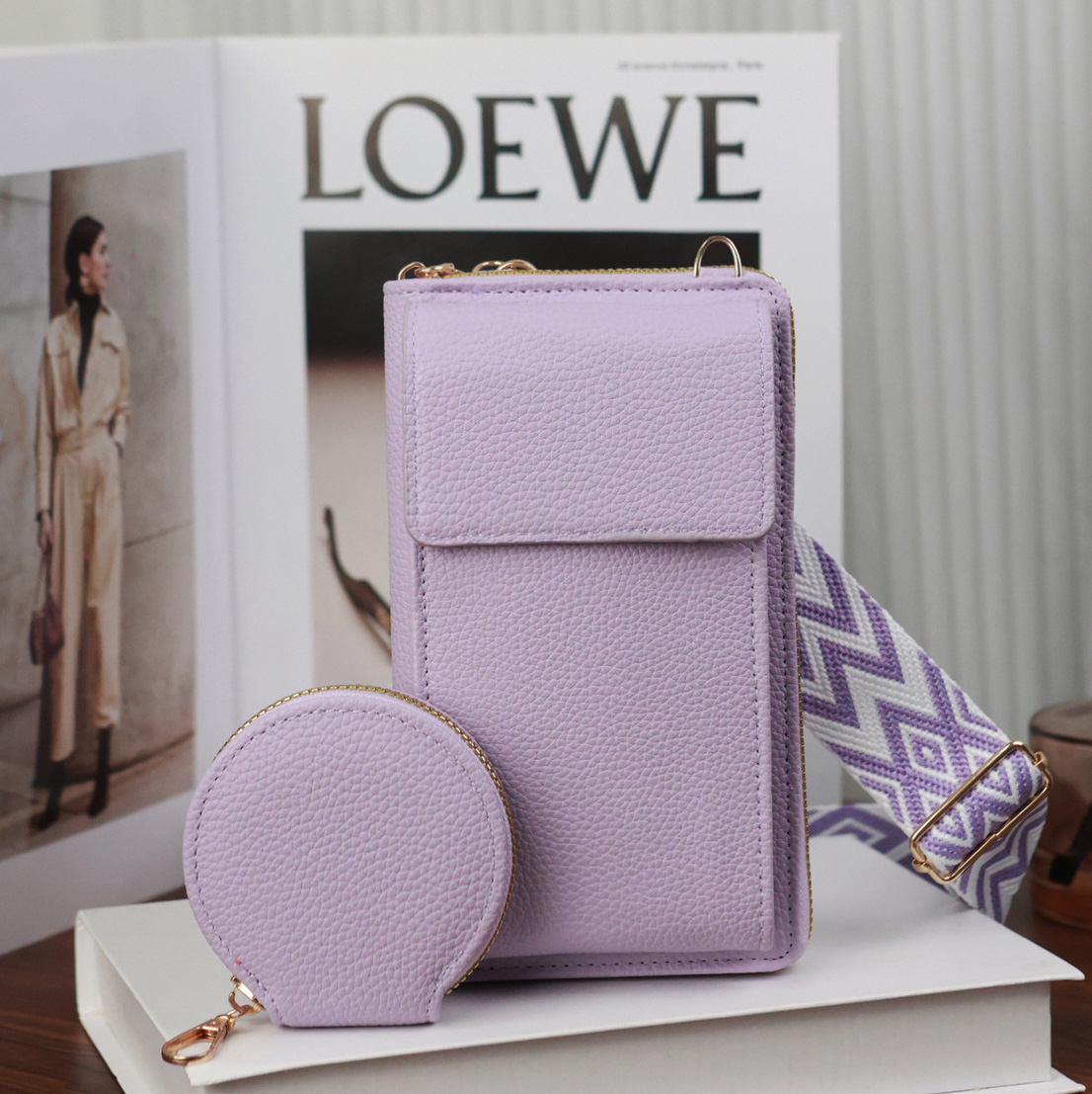 color_1-383 Wholesale Women Fashion Casual Solid Color Litchi Pattern Shoulder Bag Two-Piece Bag Set - Image 1