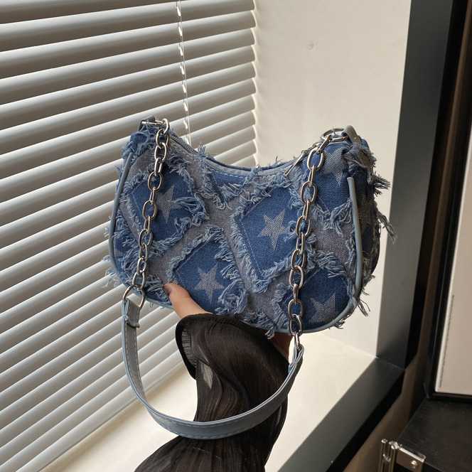 color_1-388 Wholesale Women Fashion Casual Gradient Star Chain Small Square Denim Shoulder Bag - Image 1