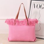 Wholesale Women Fashion Casual Solid Color Large Capacity Tassel Woven Tote Bag - Image 7