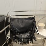 Women Fashion Casual Solid Color Rivet Soft Leather Tassel Shoulder Bag - Image 7