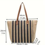Women Casual Contrast Color Large Capacity Straw Woven Beach Tote Bag - Image 6