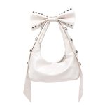 Women Fashion Solid Color Rivet Bowknot Oil Wax Leather Shoulder Bag - Image 6