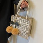 Wholesale Women Fashion Casual Color Block Cherry Pendant Linen Tote Bag - Image 3