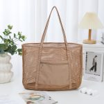 Women Fashion Solid Color Travel Portable Mesh Beach Tote Bag - Image 6