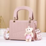 Women Fashion Casual Solid Color Rhombic Pattern Bear Pendat Handbag - Image 6