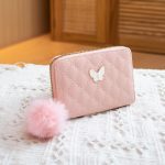 Women Fashion Embroidered Rhombus Butterfly Decorated Pom Pom Short Wallet - Image 13