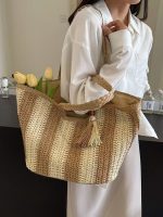Women Fashion Stripe Straw Woven Beach Tote Bag - Image 6