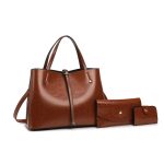 Women Fashion Casual Solid Color Wax PU Handbag Three-Piece Set - Image 8