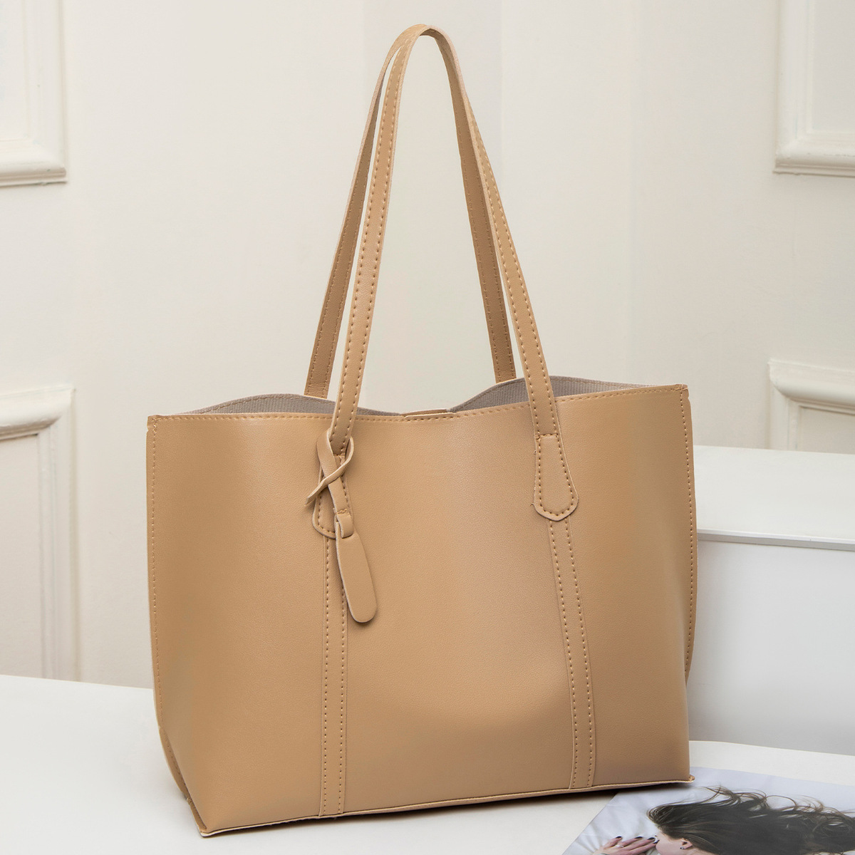 color_2-359 Wholesale Women Fashion Casual Simple Solid Color Large Capacity Tote Bag - Image 1