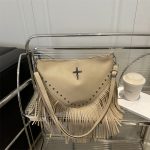 Women Fashion Casual Solid Color Rivet Soft Leather Tassel Shoulder Bag - Image 8