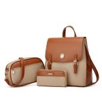 Wholesale Women Fashion Retro Color Block Backpack Three-Piece Bag Set - Image 7