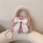 Wholesale Women Simple Cute Plush Bow Pearl Chain Crossbody Bag - Image 9