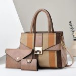 Wholesale Women Fashion Casual Color Block Stripe Handbag Three-Piece Set - Image 2