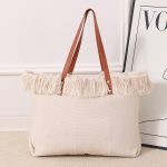Wholesale Women Fashion Casual Solid Color Large Capacity Tassel Woven Tote Bag - Image 9