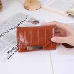 Women Fashion Casual Solid Color Crocodile Pattern Short Three-Fold Coin Wallet - Image 9