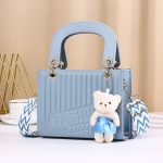 Women Fashion Casual Solid Color Rhombic Pattern Bear Pendat Handbag - Image 7