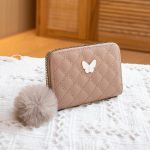 Women Fashion Embroidered Rhombus Butterfly Decorated Pom Pom Short Wallet - Image 14