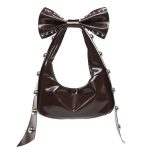 Women Fashion Solid Color Rivet Bowknot Oil Wax Leather Shoulder Bag - Image 9